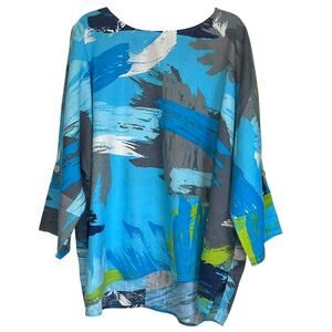 Ali Miles Plus Size 2X Abstract Print Linen Blend Tunic Shirt Roll Tab Sleeve
